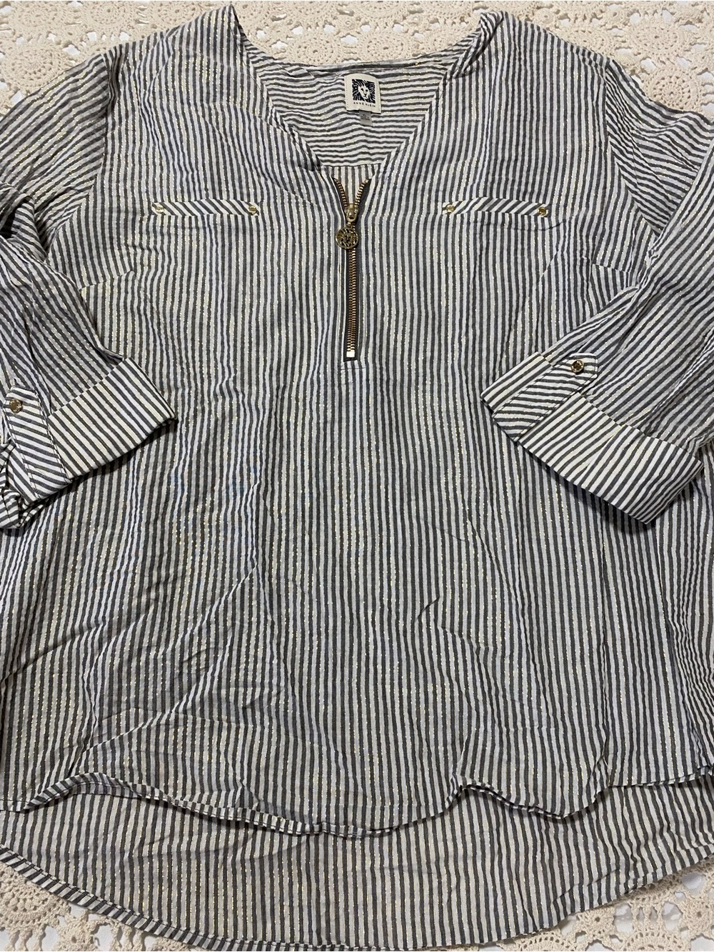 Anne Klein Navy and White Striped Half-Zip Tunic - Picture 2 of 4